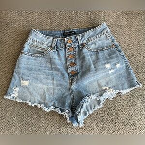 Sincerely Jules Light Blue High Waist Distressed Button-Front Shorts